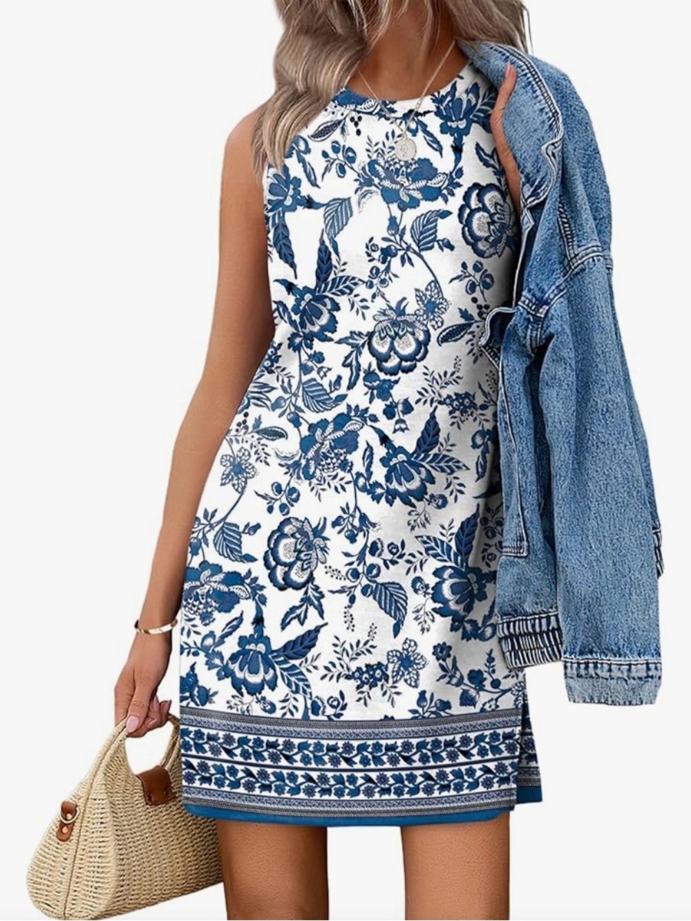 Sleeveless Blue Floral Mini Dress - White & Blue